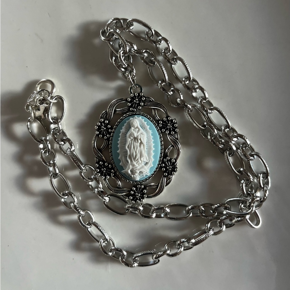 Vintage Style Guadalupe Cameo Necklace/ Embossed Stainless Chain